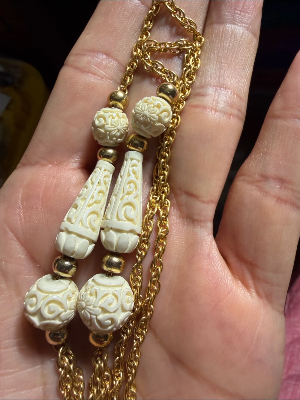 Vintage 1970s Crown Trifari Gold Tone Carved Faux-Ivory Sautoir Necklace